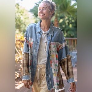 Pol NWT Top Denim multi color floral plaid patch design raw edge fits sm - large